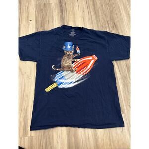 4th of July Cat Popsicle Rocket T-Shirt Unisex Size Large (42-44) Blue Patriotic